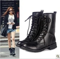 2019 new fashion mid calf high boots for women quality pu leather platform martin boots women lace up women shoes