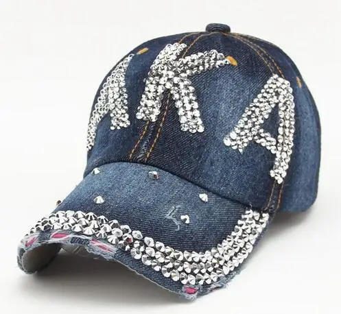 denim with white AKA Кристалл Камень Точка Сестринство буквы стиль стекло джинсовые кепки для женщин бейсбольная кепка под заказ шляпа со стразами - Окраска металла: denim with white AKA