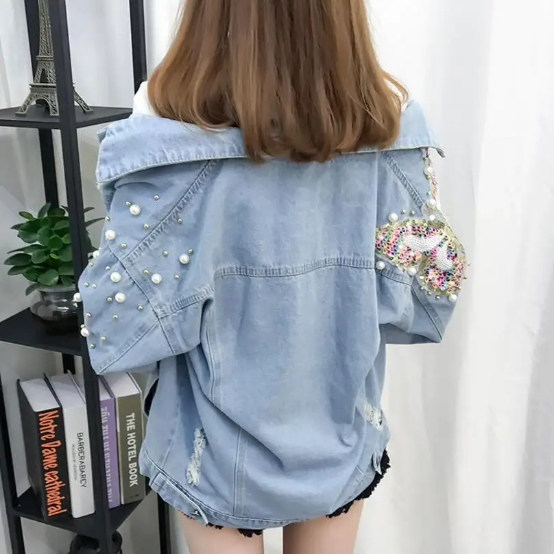 Женская джинсовая куртка с блестками повседневная Осенняя Свободная из