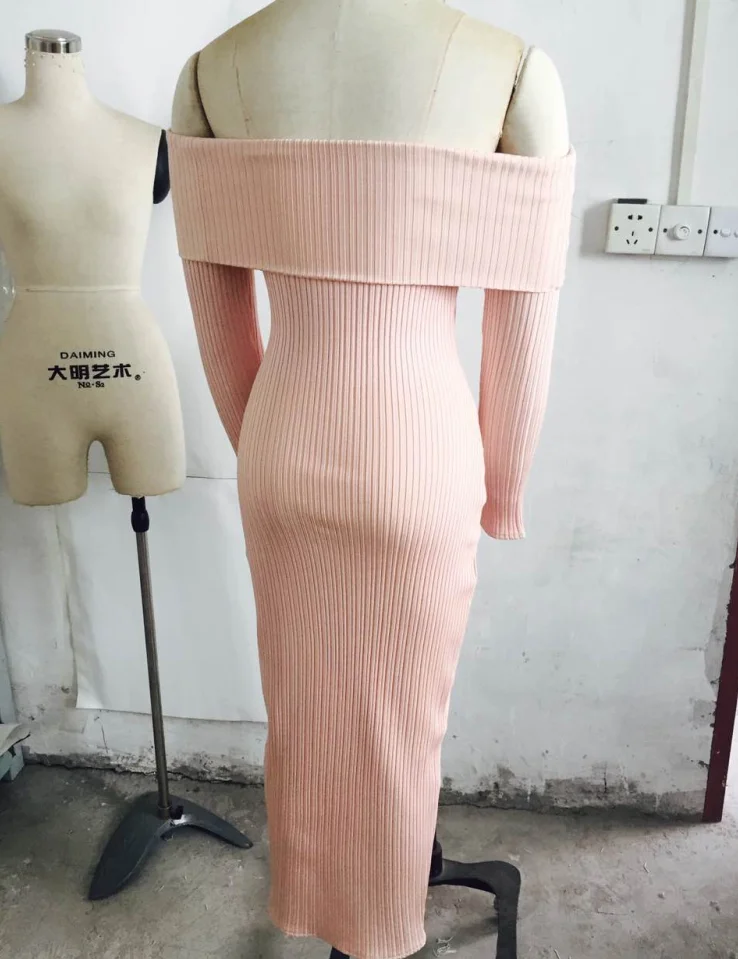 

Newest High Quality Pink Long Sleeve Slash Neck Bodycon Dress Elegant Night Club Party Dress