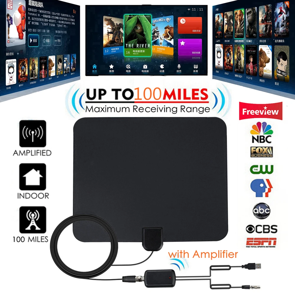 Телевизионная антенна 100 миль цифровая HDTV комнатная ТВ с усилителем сигнала Freeview
