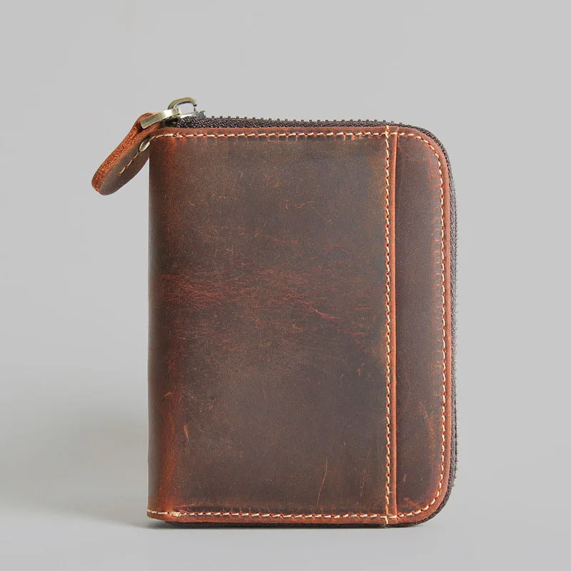 Genuine Leather Men's Wallet Men Vintage Crazy Horse Short Zipper Wallets Coin Purse Money Pocket Cards Holder Carteira | Багаж и