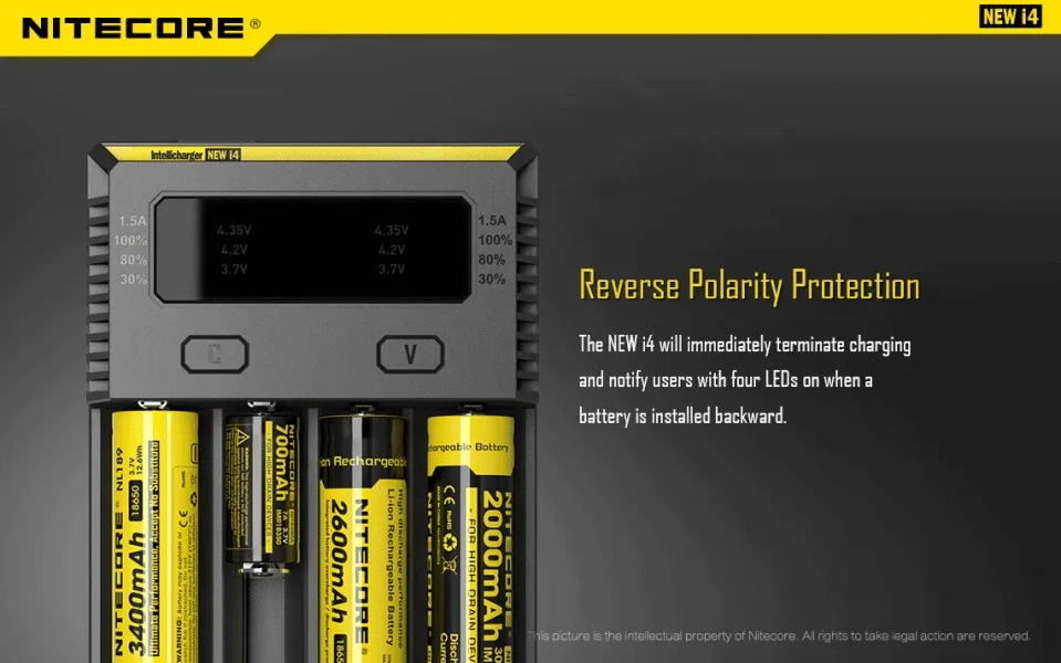 Оригинальное зарядное устройство Nitecore NEWI4 Digi Зарядное устройство 18650 14500 16340 26650 ЖК-дисплей Li-Ion Зарядное устройство 12 V Вход порт для зарядки через для AA, AAA, Батарея Зарядное устройство