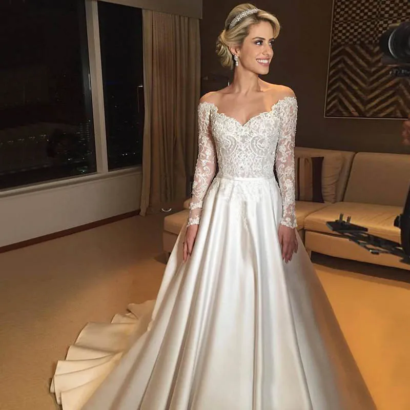 Lover Kiss Vestido De Noiva атлас линия плеча свадебное платье с одежда длинным рукавом