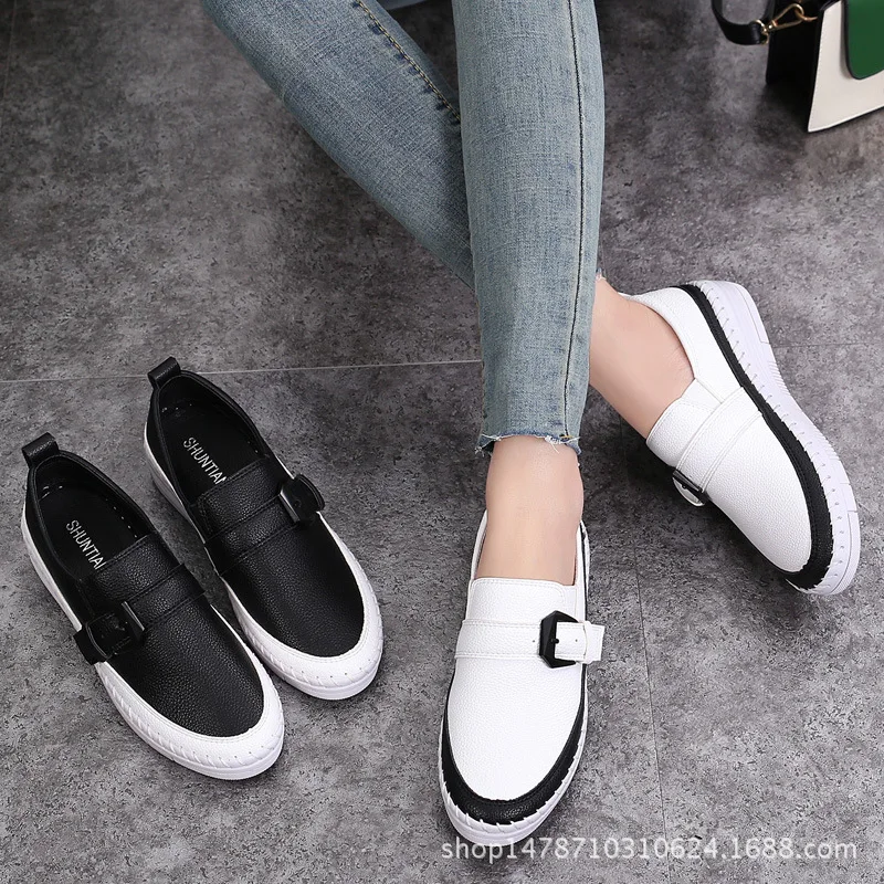 

Mixed Colors Platform Shoes Woman Leather Moccasins Buckle Strap Espadrilles Loafers Women Thick Bottomed Flats Students Shoes
