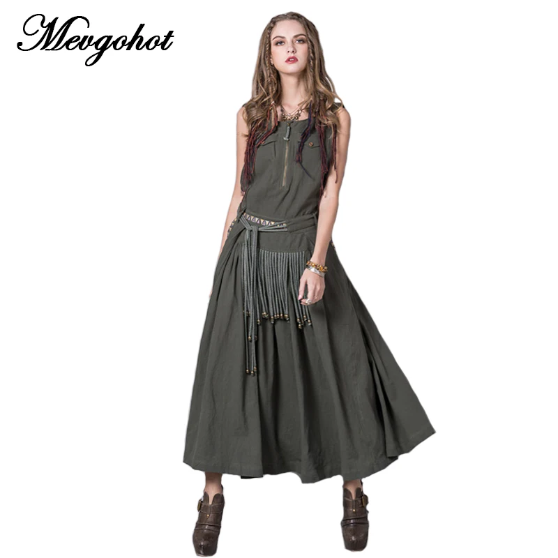 2017 Вышивка кисточкой сексуальные Для женщин Лен Платья для летние Винтаж длинное