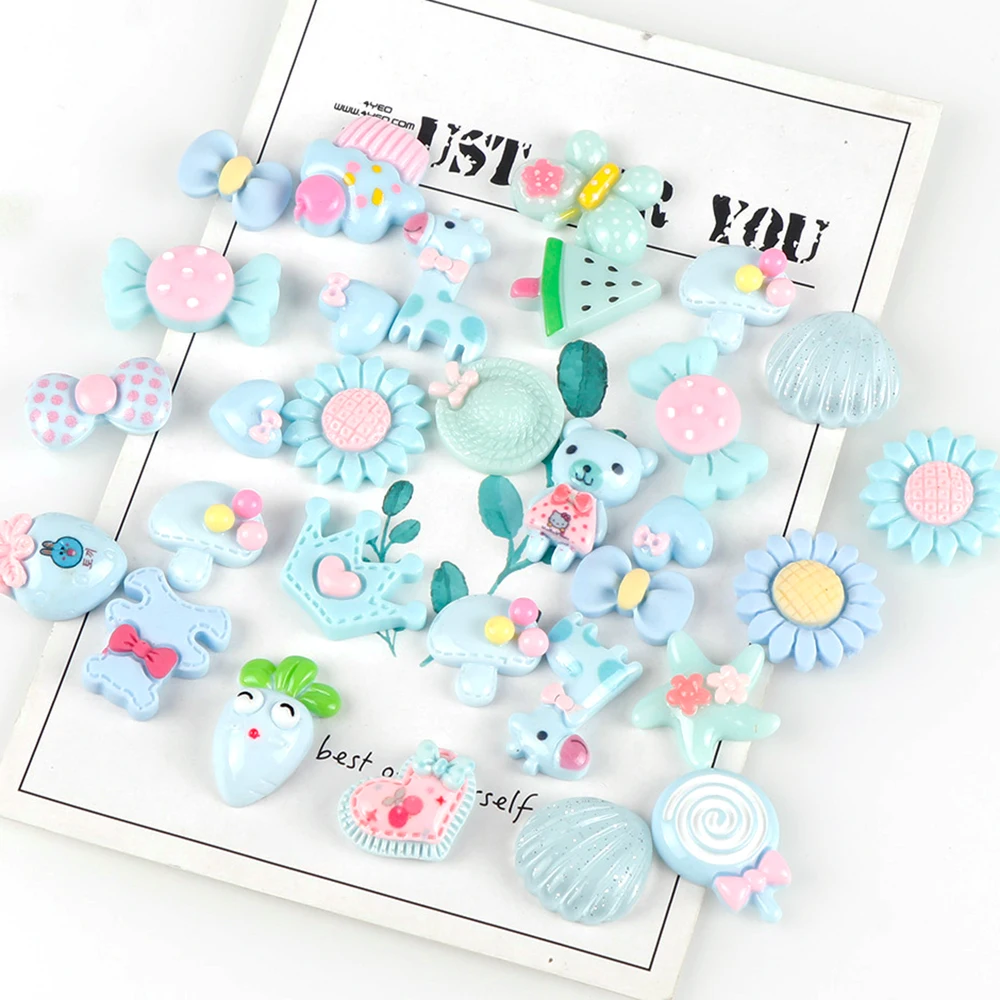 30 шт. смешанный дизайн синий кабошон из смолы с плоской задней стороной