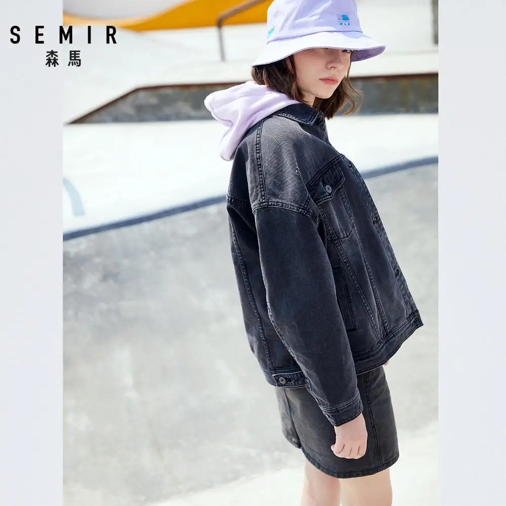 Женская джинсовая куртка SEMIR из хлопка с большим воротником, джинсовая куртка бойфренда с нагрудным карманом и косым карманом, шикарный стиль
