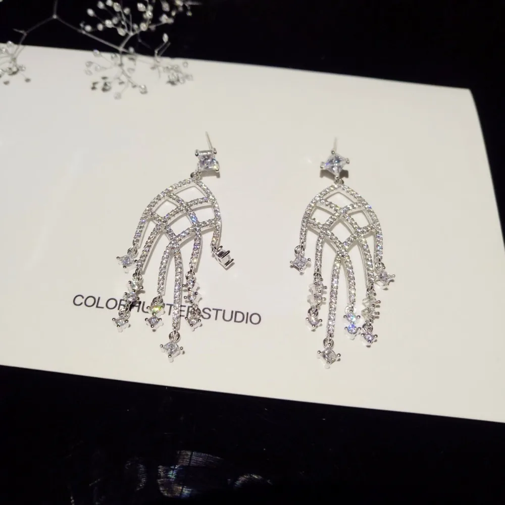 QOOKOO я кубический цирконий Люстра Серьги Длинные свадебные цепи колошения