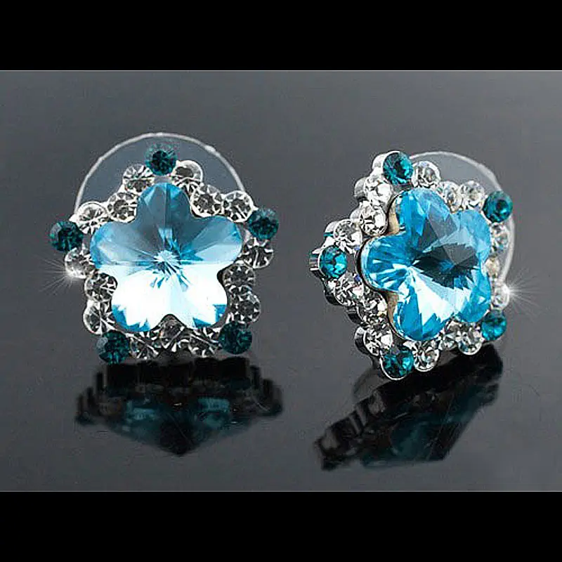 Серьги пусеты с павлином звездочкой Аква синим цветком австрийскими кристаллами