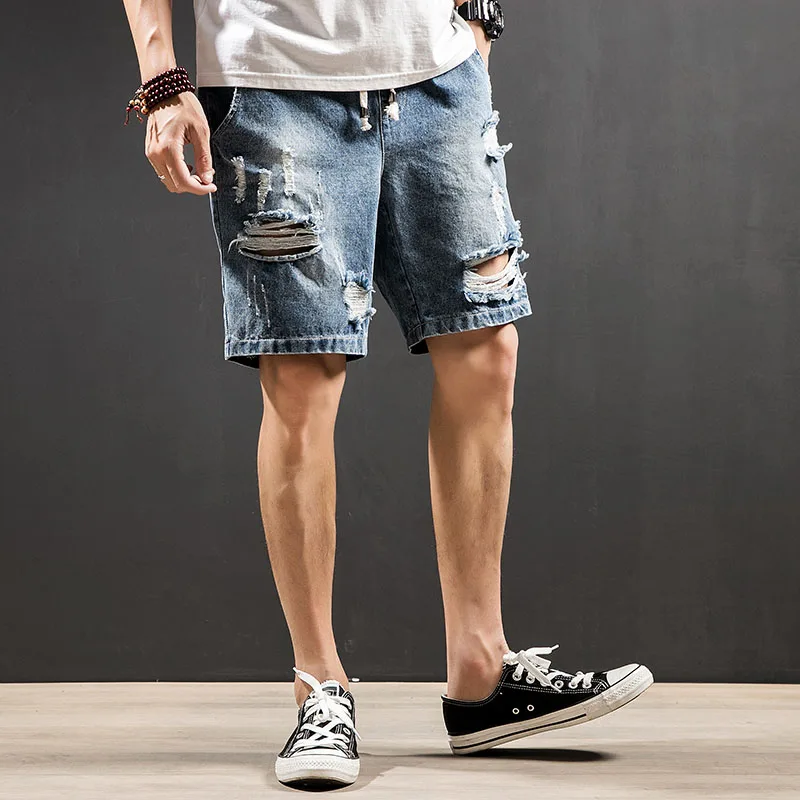 Летние джинсовые шорты мужские короткие белые синие в стиле хип-хоп с ремешком на