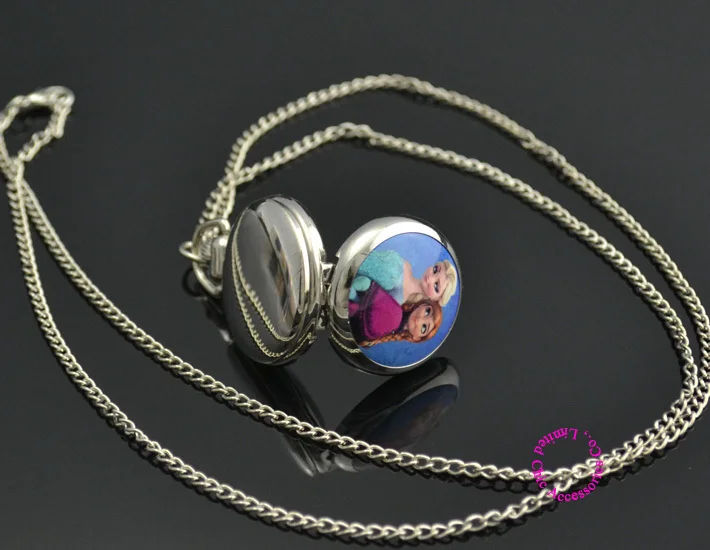 fashion cute Elsa Anna pocket watch necklace woman girl lady child hot gift silver blue 2 two cartoon sister nice | Наручные часы