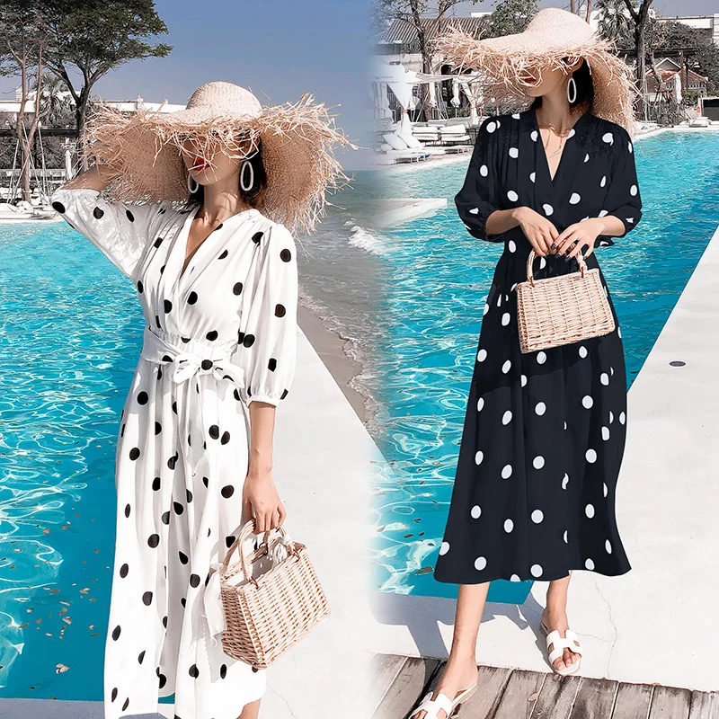 Праздничное Элегантное черно белое платье в горошек новинка 2019 с длинными