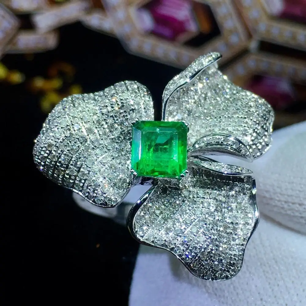 Изумрудное кольцо, хорошее ювелирное изделие, 18 K золото, настоящее яркое зелёный Изумрудный камень, 0.86ct бриллианты, женские обручальные кольца