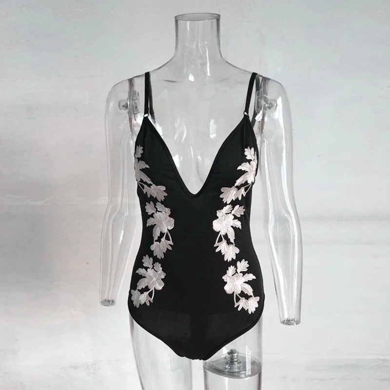 White and Black Арцу Цветочный вышитый сетчатый боди сексуальный прозрачный комбинезон с открытой спиной женский комбинезон летний Боди ASJU30089 - Цвет: White and Black
