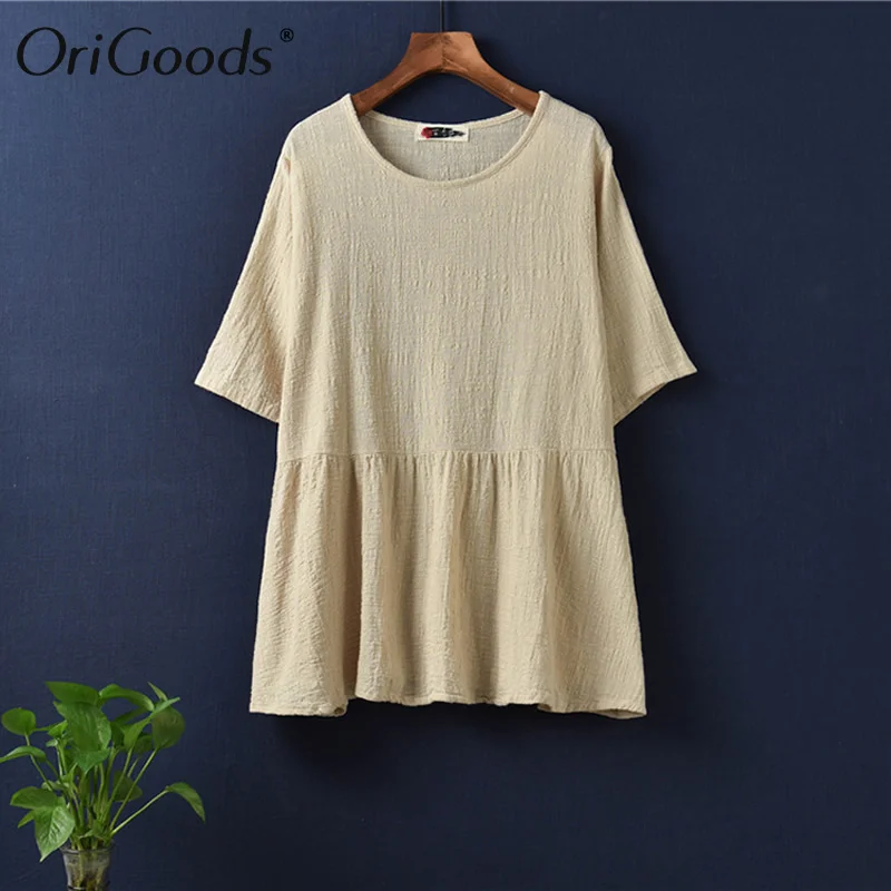 Женская блузка с круглым вырезом из хлопка и льна|Блузки| |