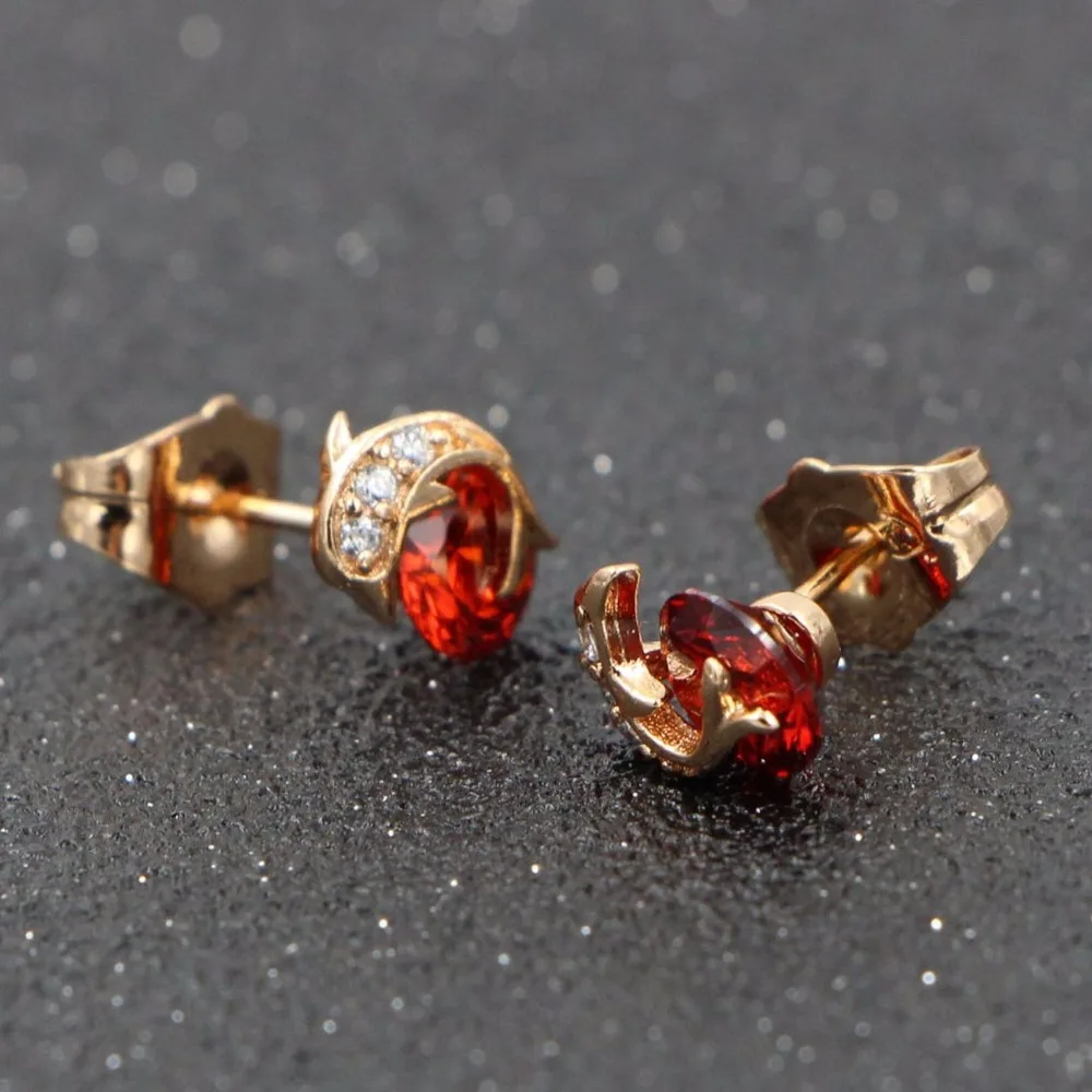 Женские серьги-гвоздики с красным кристаллом HeeZen Золотые серьги дельфином и