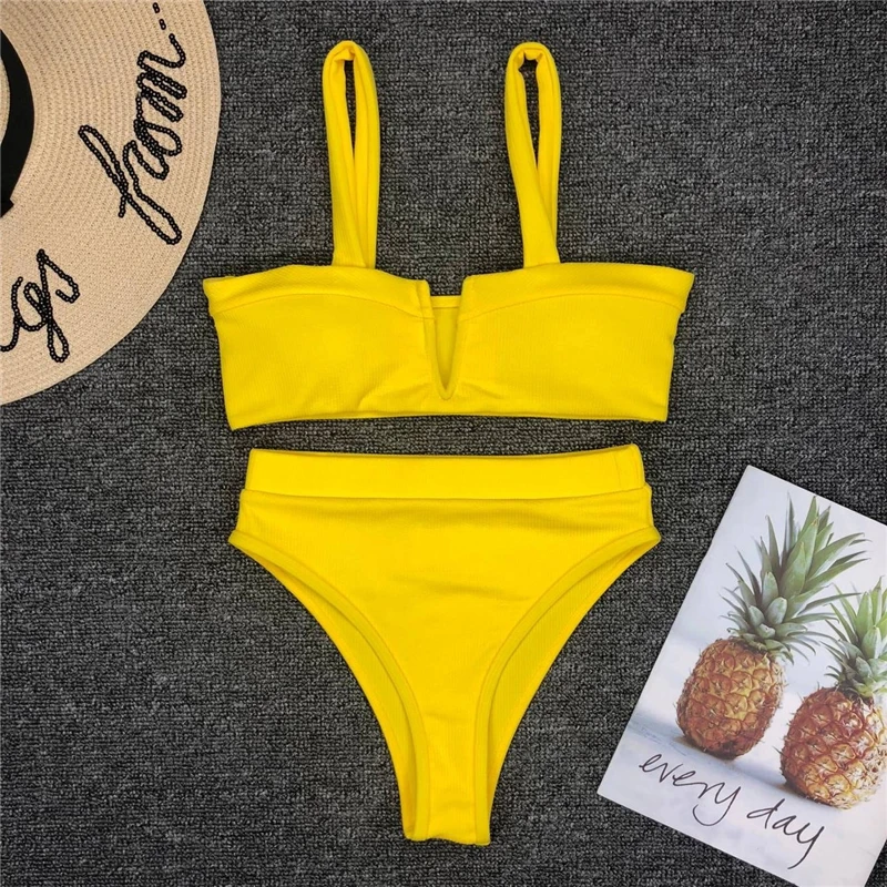 2019 Women Swimsuit Push-up Bikini Set V-neck Sexy High Waist Bikinis Solid Color Plavky Biquinis Bather Swimwear Bathing Suit |