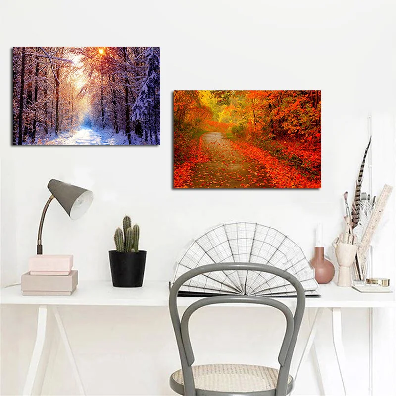 Природа зима снег дерево леса пейзаж холст картина печатный плакат красный клена