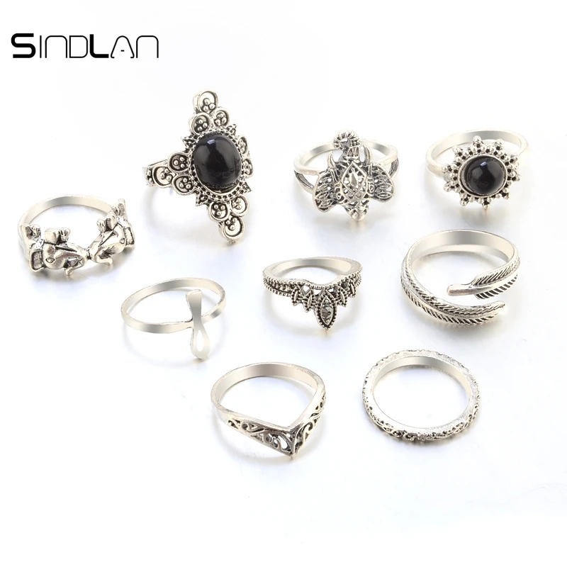 Sindlan 9pcs / Set Wedding Jewelry Black Resin Bohemian Vintage Elephant Feather Crown Hollow Pattern Knuckle Ring For Women | Украшения и