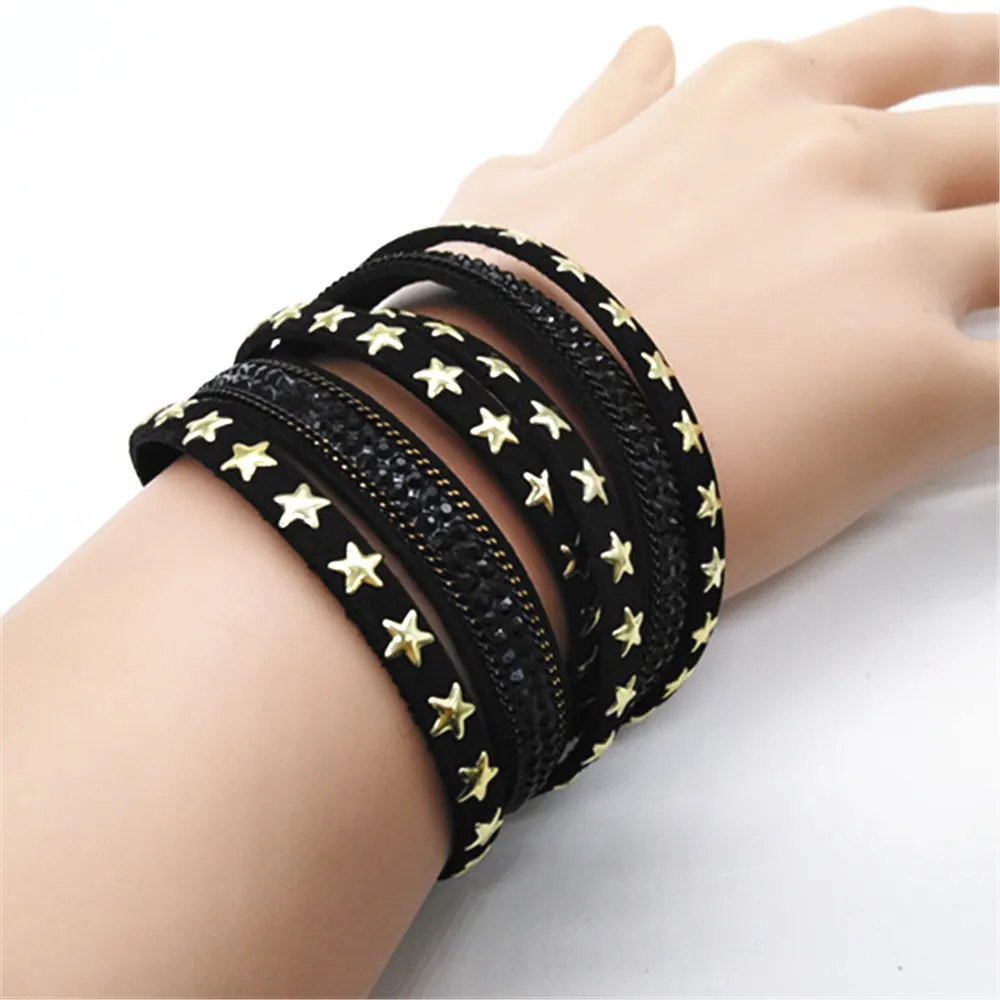 Многослойные массивные этнические широкие кожаные браслеты со звездами черного