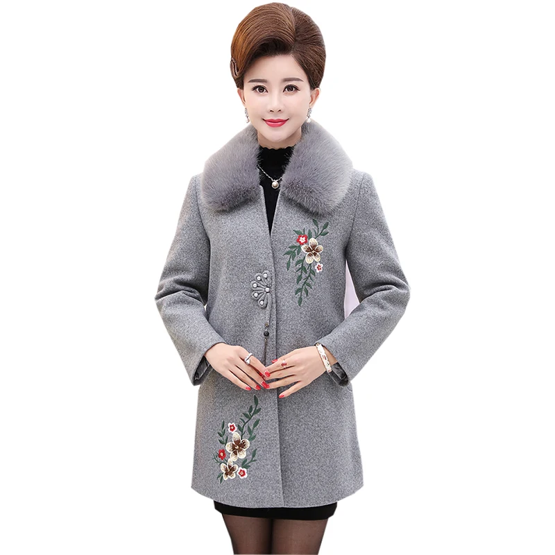 

Winter Fur Collar Woolen Coats Middle-aged Women Long Thick Warm Cashmere Jackets Autumn Female Embroidery Blends Jacket FP1792