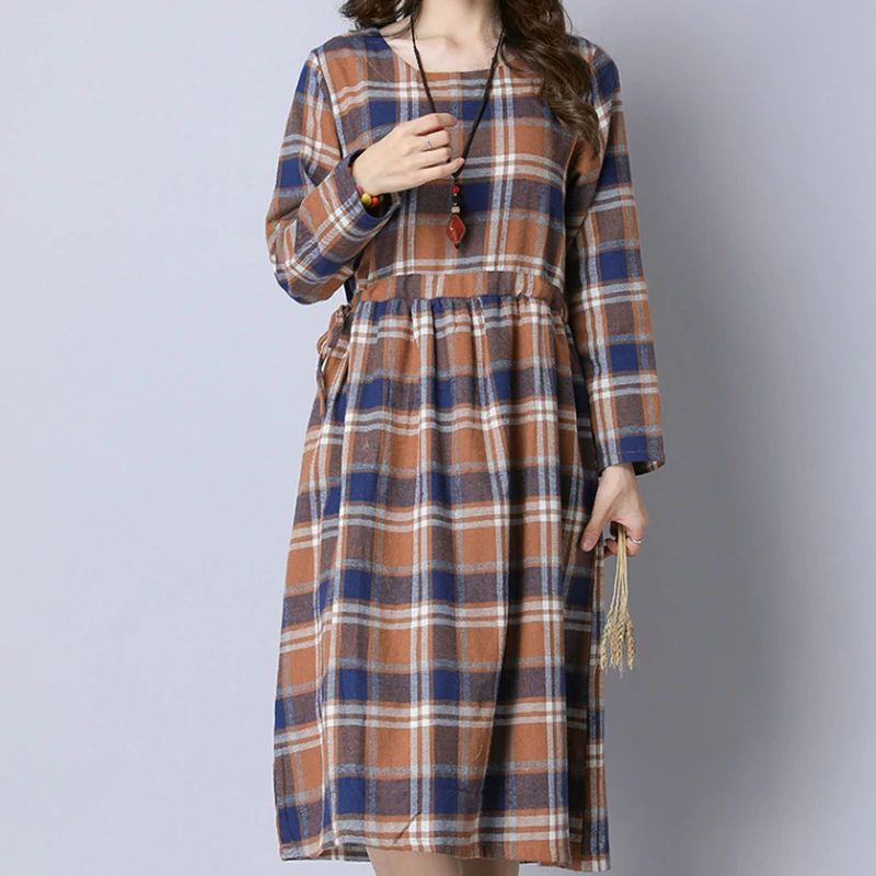 Streetwear Plaid Women Dress 2018 Autumn Fashion Loose Casual O Neck Long Sleeve High Elastic Waist Midi | Женская одежда