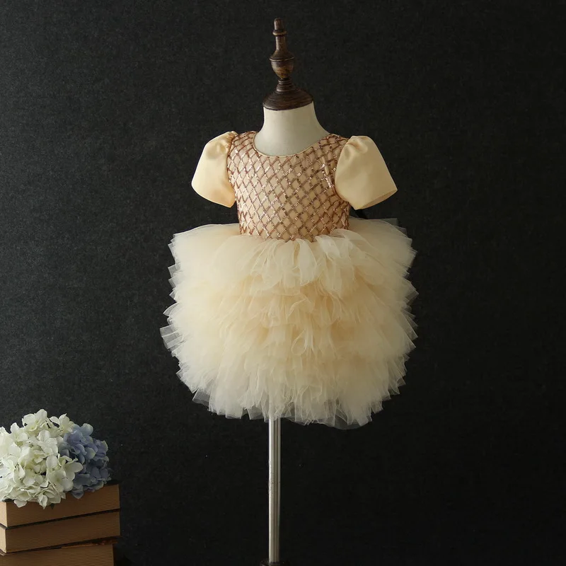 

Little Baby Short Sleeve Flower Dress Short Sleeve Sequins Plaid Performance Wedding Dresses Kids Clothing E19030