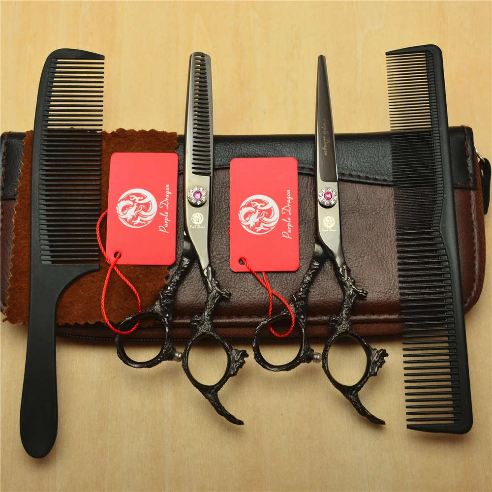 

4Pcs Set 9005# 6.0'' Dragon Handle Black Colour Hairdressing Scissors Combs + Cutting +Thinning Shears Human Hair Scissors Suit