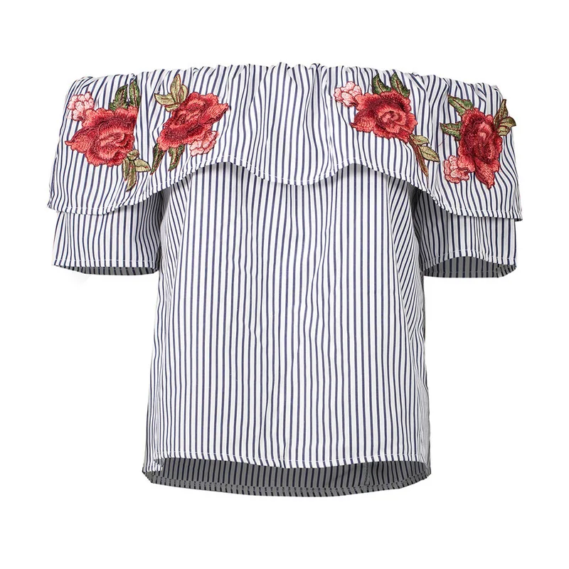 2019 Sexy women shirt with collar shoulder and back embroidered rose stripes |