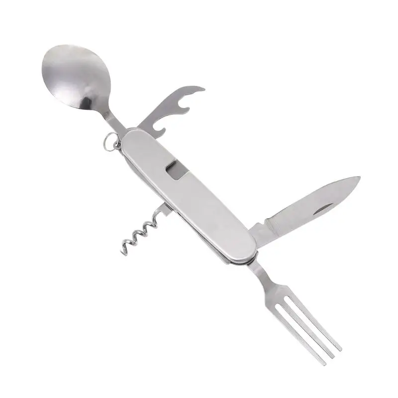 6 in 1 Outdoor Camping Tableware Folding Knife Fork Spoon Bottle Opener EDC Tool