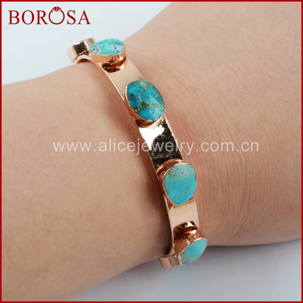 BOROSA 3/5PCS Fashion Rose Gold Color Seven Natural Turquoises Bangle Blue Stone Gems Bracelet Jewelry for Women R1341 | Украшения и