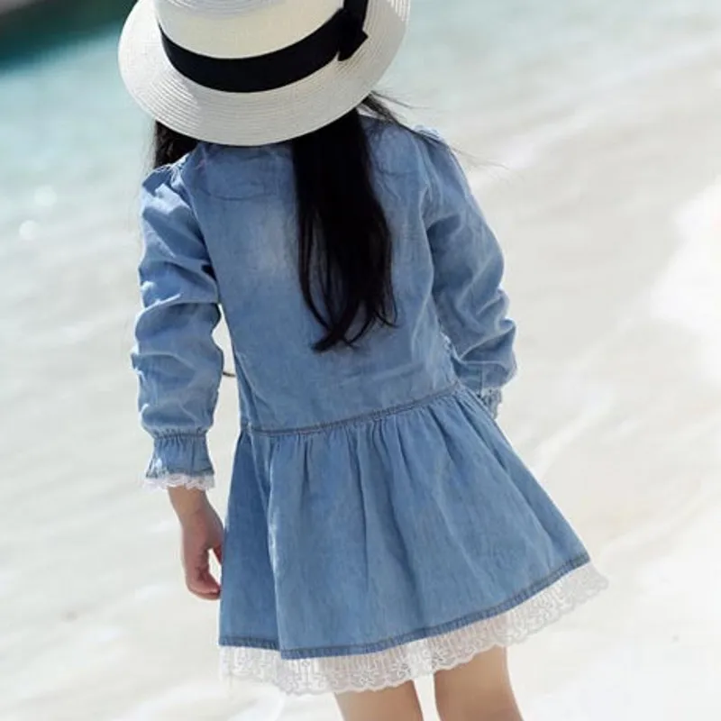 New Spring &amp Autumn High quality Girl Kids Dress Lovely Denim Blue Beautiful Lace Cowboy Clothes Long Sleeve Casual baby | Детская