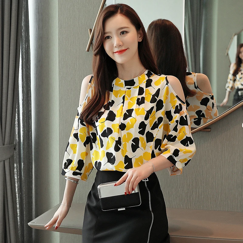 летние женские блузки с коротким Модные 2019 рукавом принтом шифоновая блузка