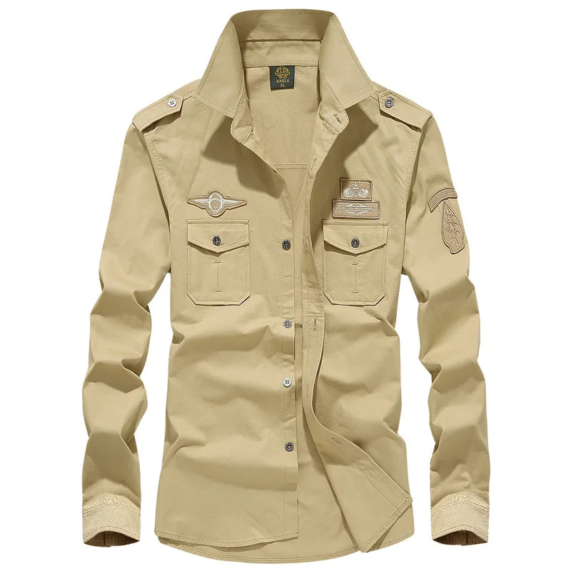 Khaki LetsKeep Men's Military long sleeve shirt vintage army shirts men cotton shirt Plus size M-6XL, ZA577 - Цвет: Khaki