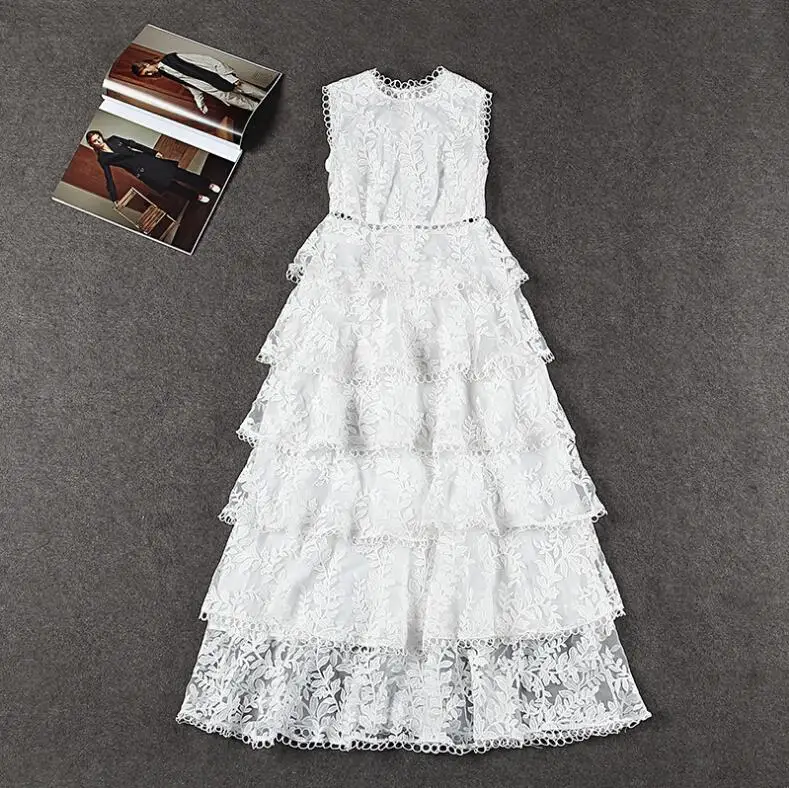 Летнее кружевное платье без рукавов с вышивкой на бретельках оборками Vestido |
