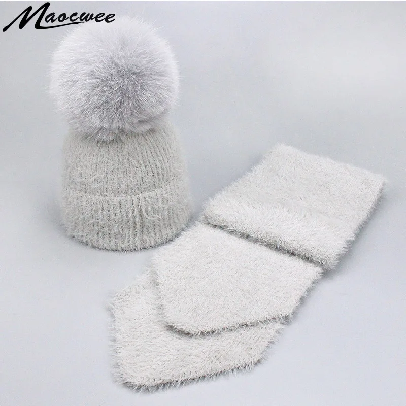 

Girl Pom Pom Hat Winter Warm Real Fox Fur Pompon Beanies Caps Hats Scarves Sets Rabbit Fur Hat Scarf Soft Solid Casual Pom Bone