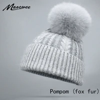 women winter knitted beanies hats natural raccoon fur pompom rabbit wool crochet soft elasticity warm female fox fur pompom hats