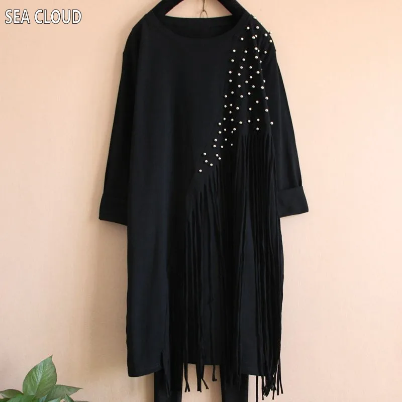 

82 women spring&autumn long-sleeve t-shirt loose plus size beading tassel basic shirt long design solid color t shirt