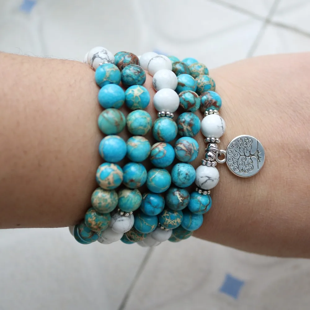 Howlite синие регалитовые камни буддийский религиозный Браслеты Многослойные Lotus Tree
