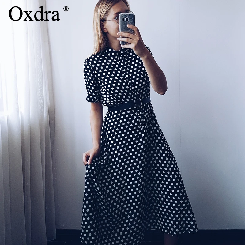 Oxdra 2018 летние новые популярные винтажные черные белые платья в горошек женская