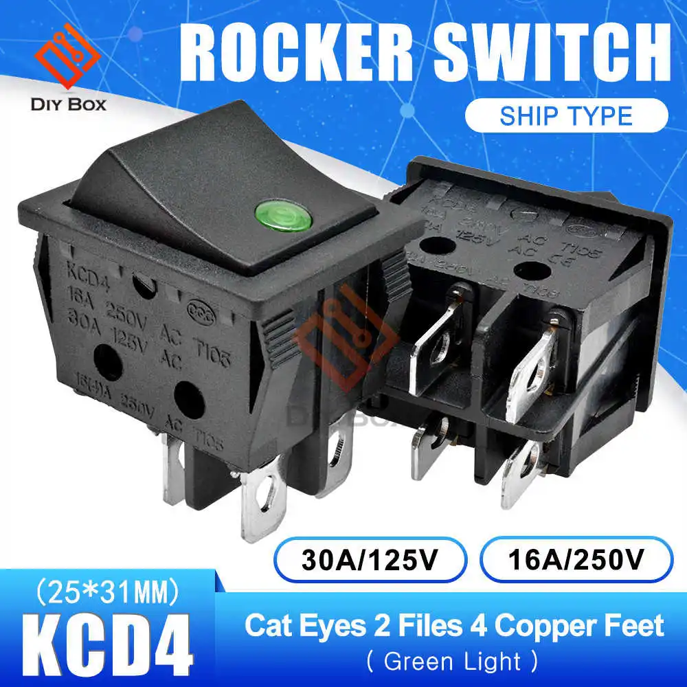 ON-OFF 4Pin Green KCD4 клавишная кнопка выключателя питания ВКЛ-ВЫКЛ/ВКЛ-ВЫКЛ-ВКЛ 2/3 положение 4/6 Pin электрическое оборудование со световым выключателем лодки 16A 250 В - Цвет: ON-OFF 4Pin Green