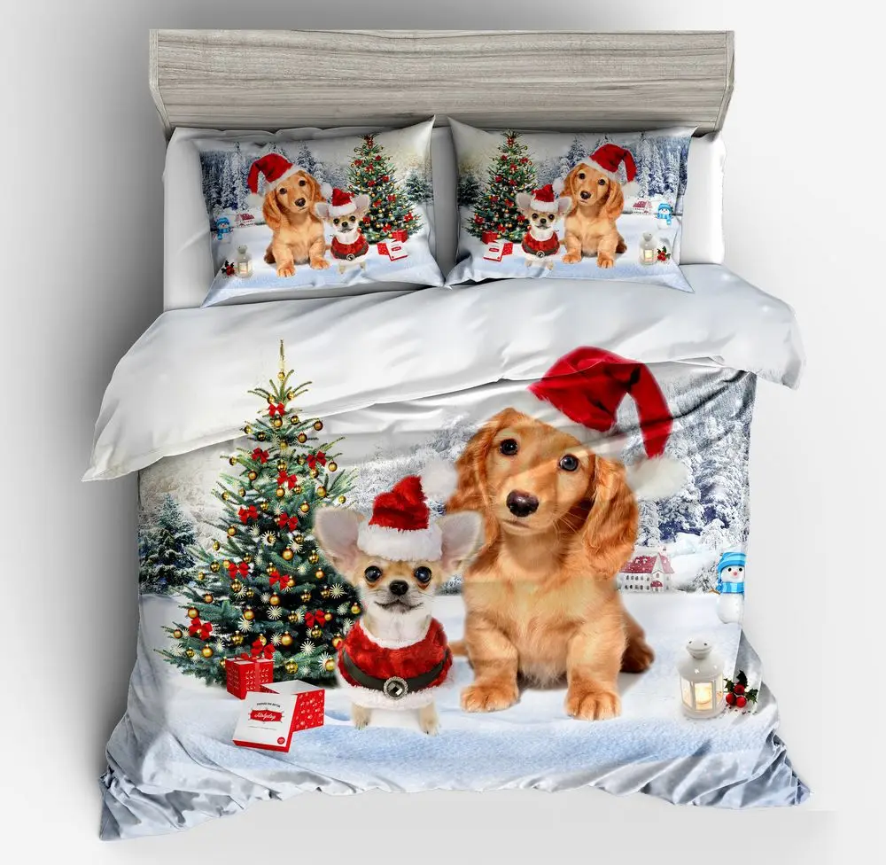 

New Christmas cute dog red hat Duvet Cover 2/3pcs British Style Family student dormitory Quilt cover pillowcase Home Textile