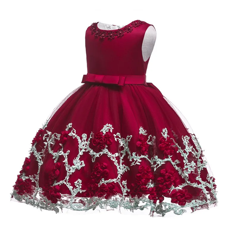 Wine red Коллекция года, костюм принцессы Детские платья для девочек праздничное платье с цветочным рисунком для девочек Элегантное свадебное платье для девочек 3-10 лет - Цвет: Wine red