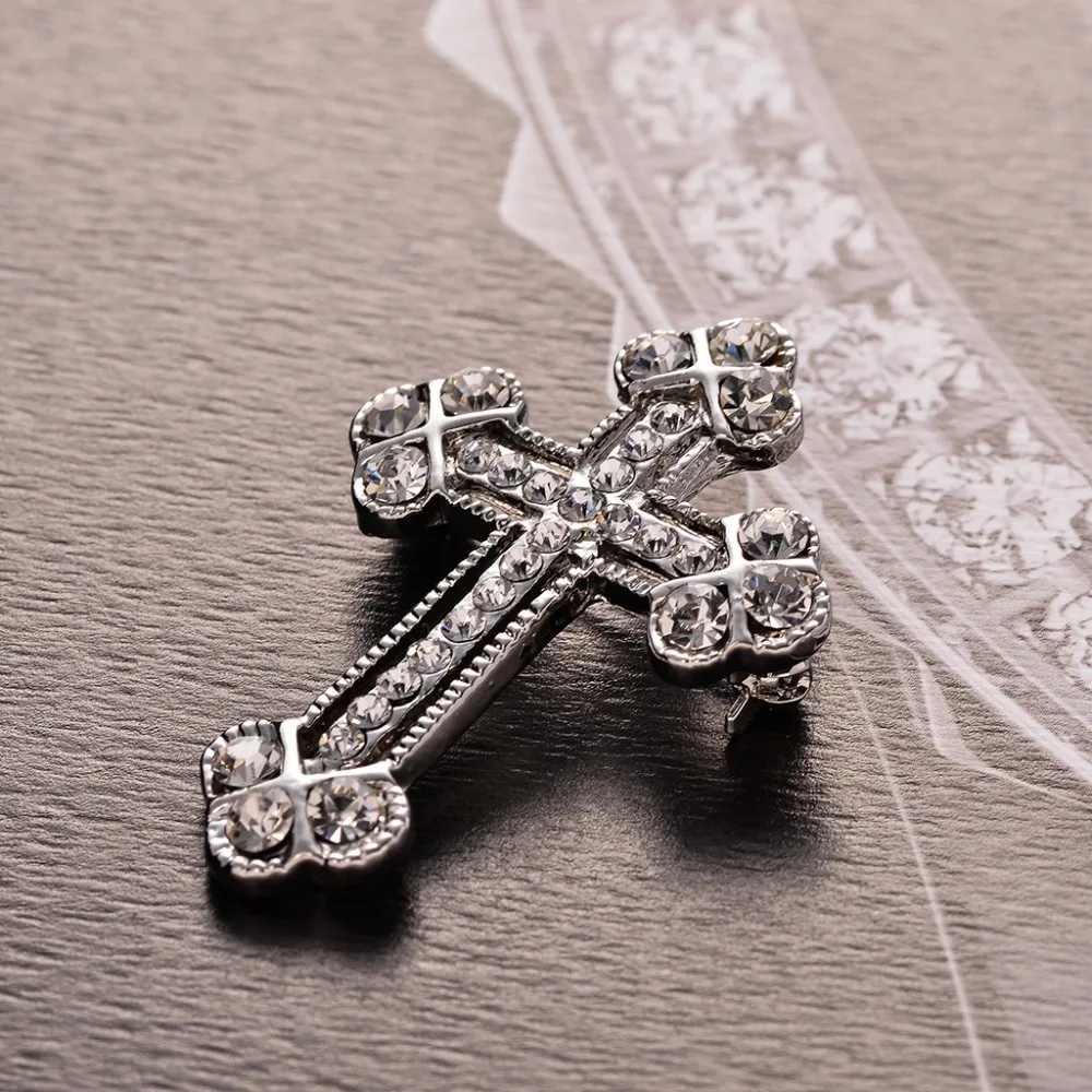 Брошь унисекс MZC блестящая с большим крестом и кристаллом белая винтажная