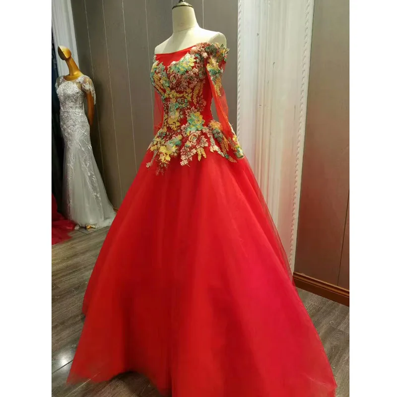 AOLANES 2017 Vestido De Noiva длинное красное вечернее платье с вышивкой и цветами расшитое