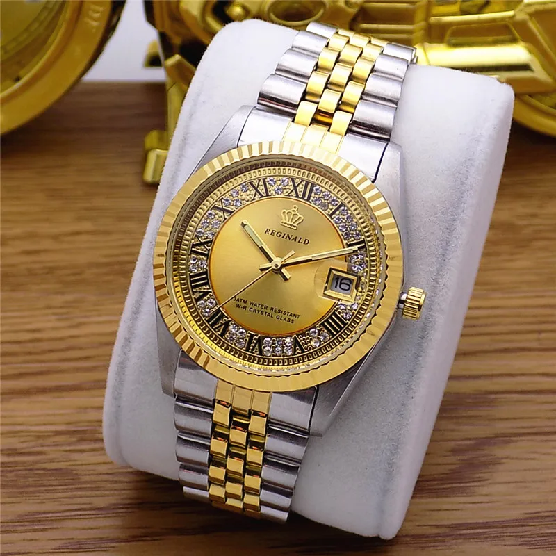 Модные Классические кварцевые часы бренда Reginald Datejust, мужские винтажные светящиеся часы с рифленым ободом и римским циферблатом, полностью из нержавеющей стали