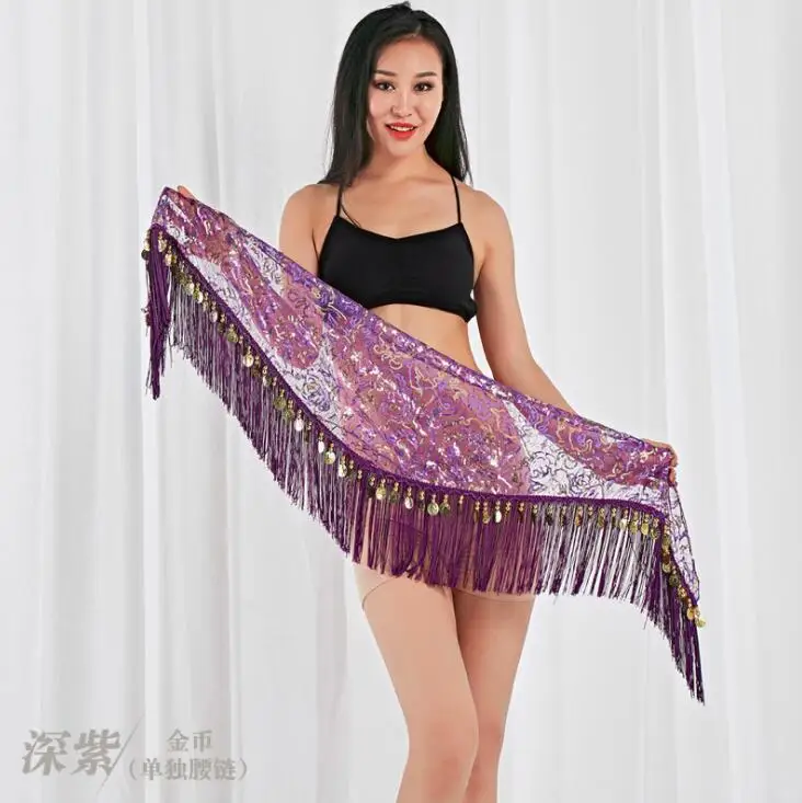 Purple with gold Новое поступление, пояс с кисточками и блестками для танца живота, популярный женский шарф с вышивкой и блестками для восточных танцев, 9 цветов - Цвет: Purple with gold