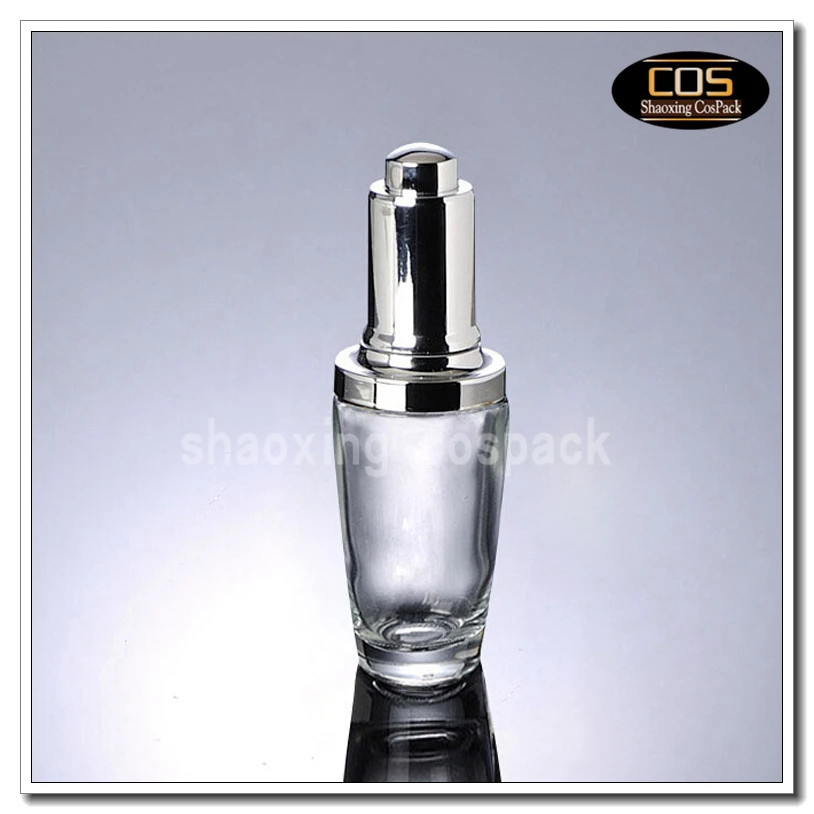 DB40-30ml empty clear glass dropper bottle with silver dropper cap, 1oz clear glass eye concentrate dropper bottle