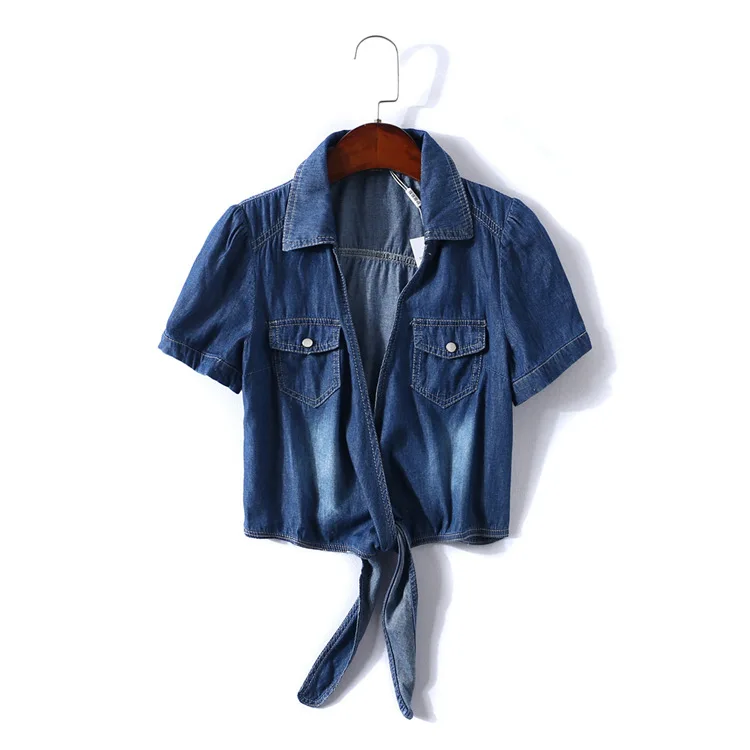Ruoru, кимоно, джинсовая рубашка, короткий рукав, женские топы, Chemise Femme, укороченный топ, сексуальные короткие джинсы, рубашка, блузка, летние женские рубашки - Цвет: blue short sleeve